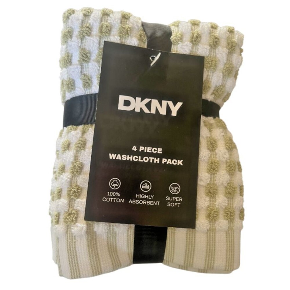 DKNY Facecloths Washcloths Green White Gingham Check 100% Cotton Set of 4